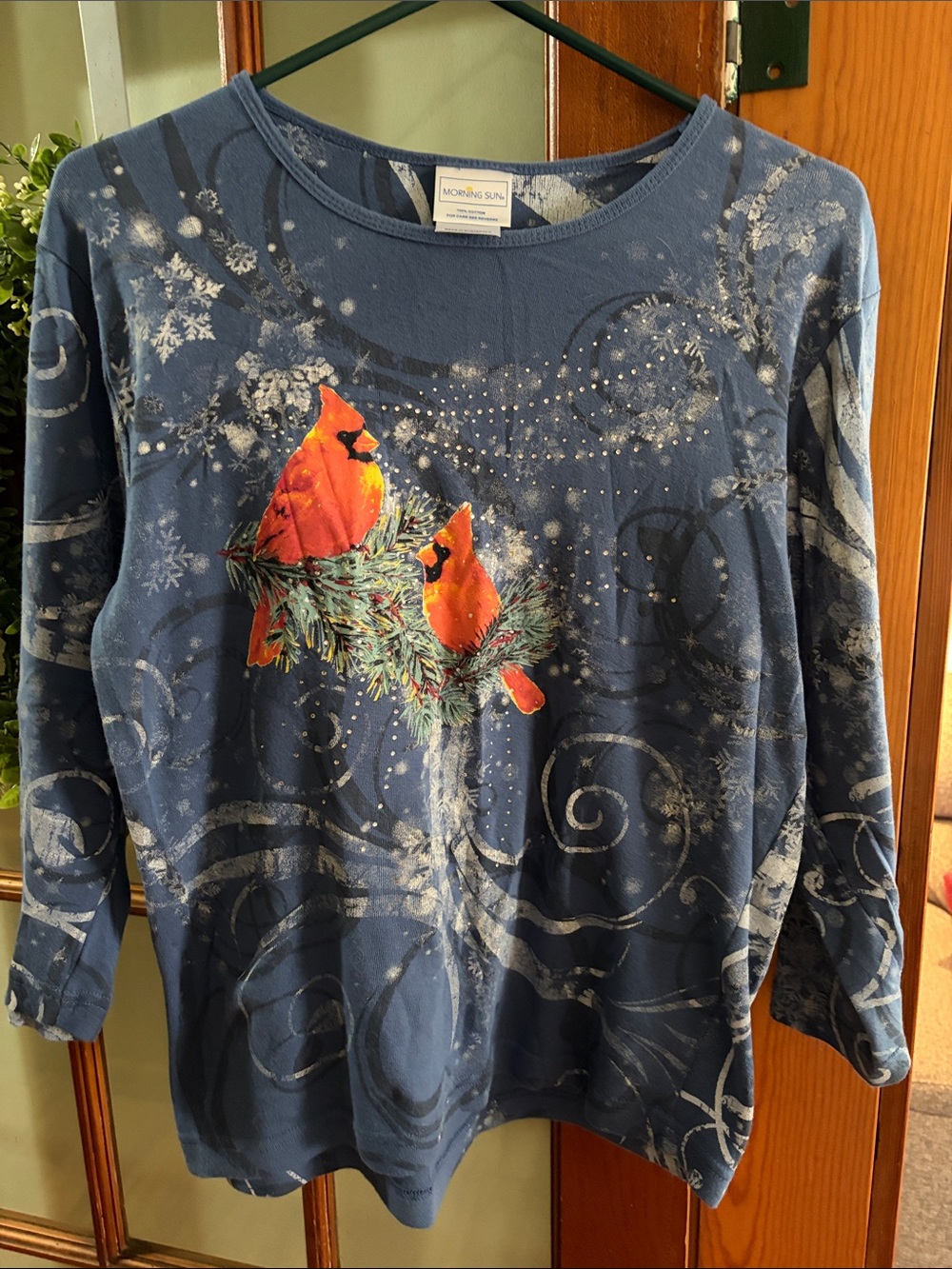 Morning Sun Blue Top with Red Cardinal Print